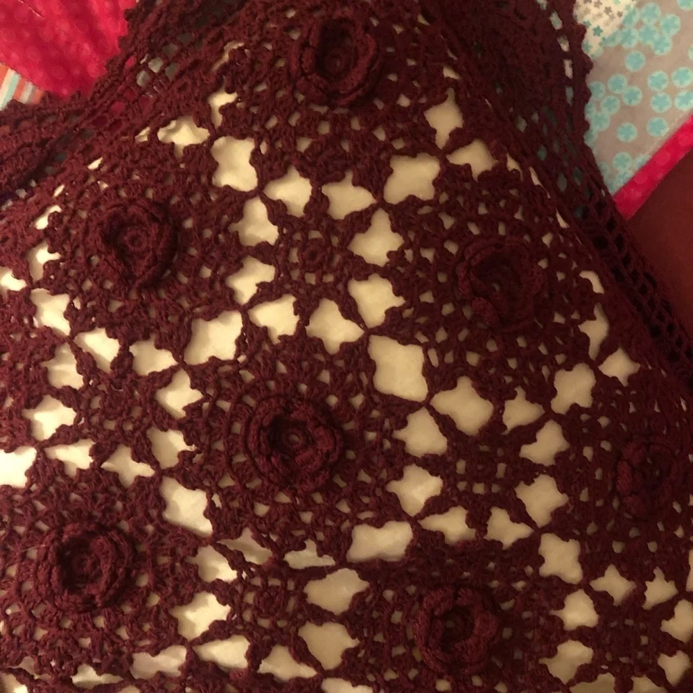 Hand Crochet Lace Top Cotton Maroon Accent Pillow with Scalloped Trim 16”